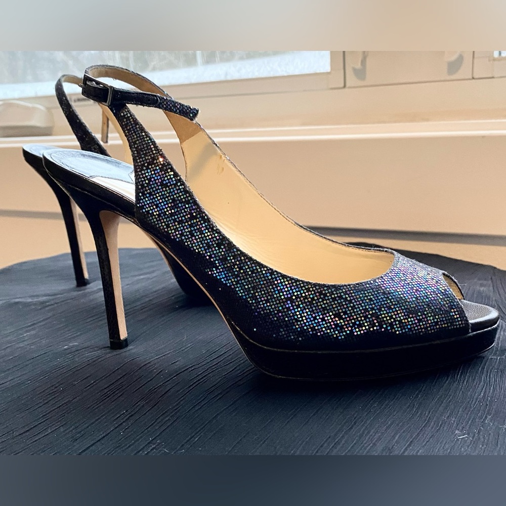 Jimmy Choo mermaid sequins 3 inch heel peep toe, sling back.